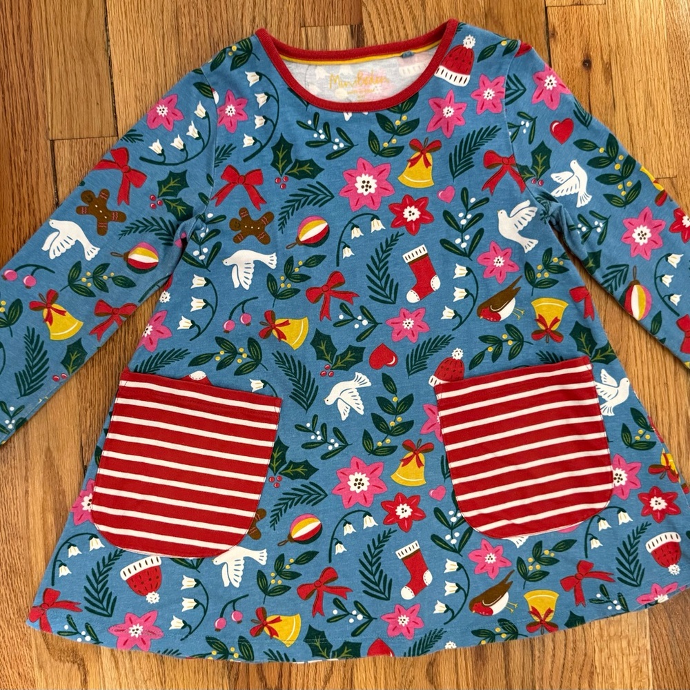 Mini Boden Blue Tunic with Red Trim and Festive Patterns